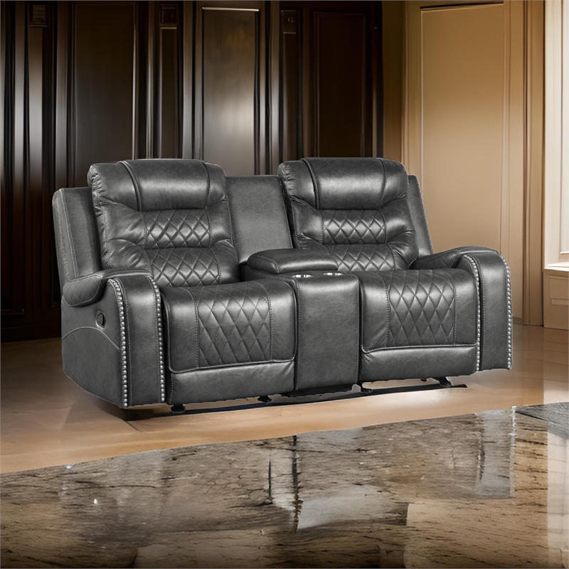 Paul 78 Inch Manual Recliner Loveseat- Cupholder Console Gray Faux Leather