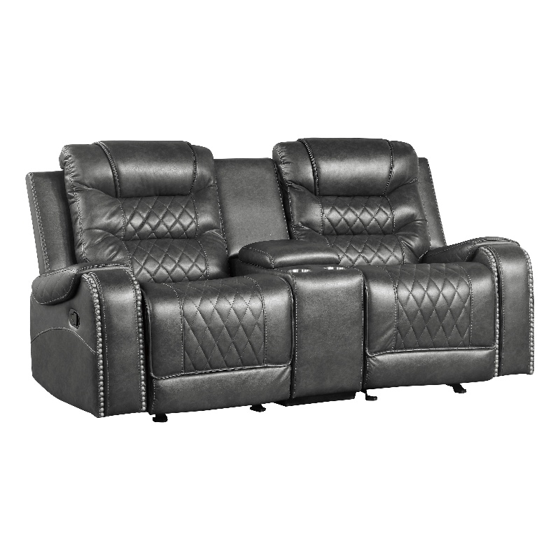 Paul 78 Inch Manual Recliner Loveseat- Cupholder Console Gray Faux Leather