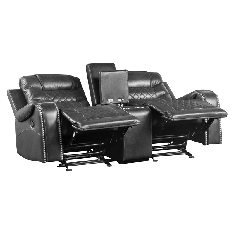 Paul 78 Inch Manual Recliner Loveseat- Cupholder Console Gray Faux Leather