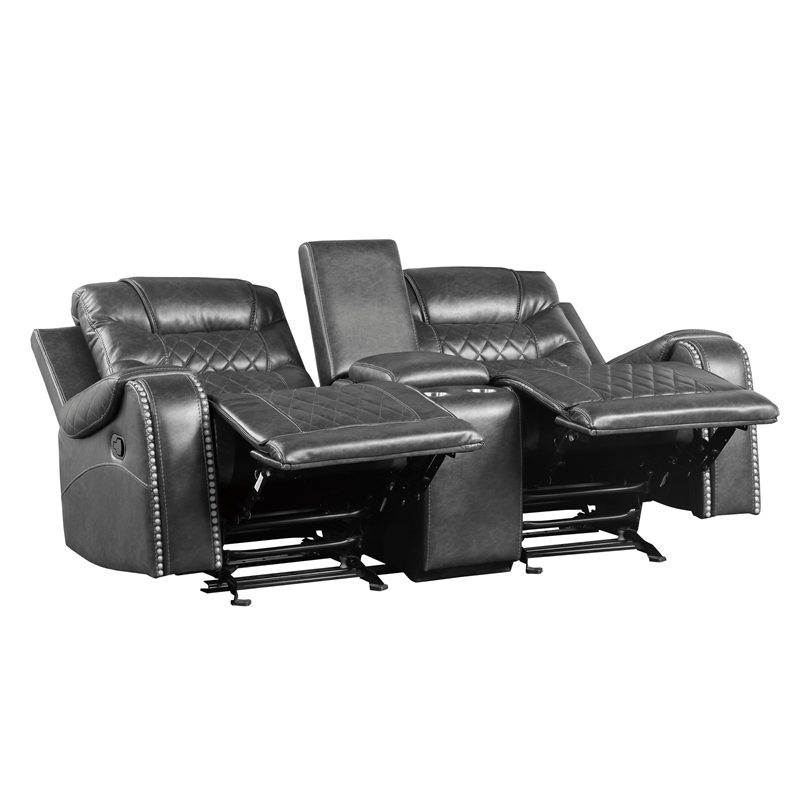 Paul 78 Inch Manual Recliner Loveseat- Cupholder Console Gray Faux Leather