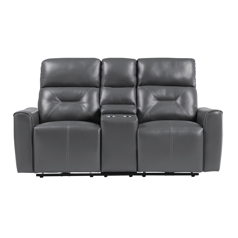 Well 73 Inch Power Double Recliner Loveseat- Dark Gray Faux Leather- Wood