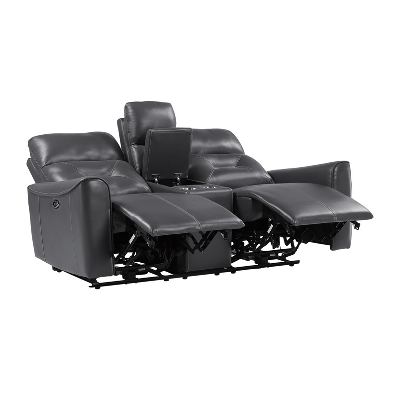 Well 73 Inch Power Double Recliner Loveseat- Dark Gray Faux Leather- Wood