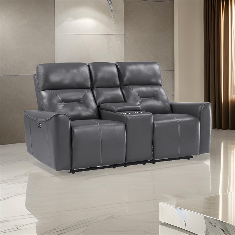 Well 73 Inch Power Double Recliner Loveseat- Dark Gray Faux Leather- Wood