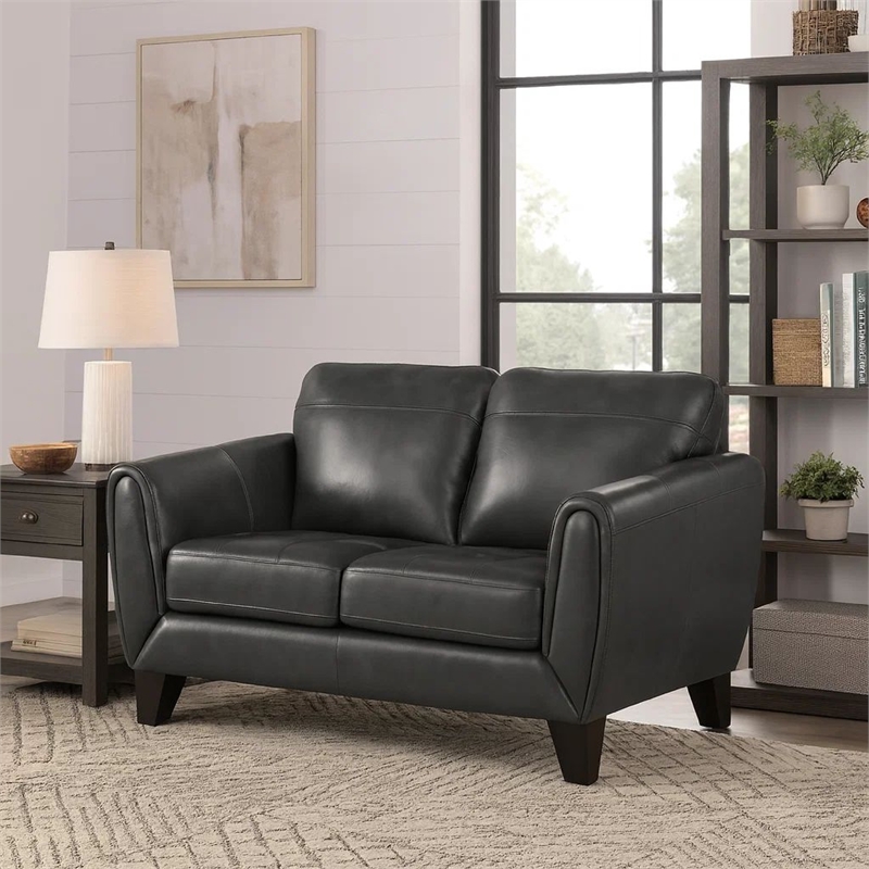 Sofy 61 Inch Loveseat- Dark Gray Top Grain and Faux Leather- Solid Wood