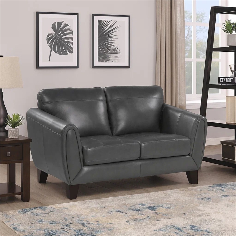 Sofy 61 Inch Loveseat- Dark Gray Top Grain and Faux Leather- Solid Wood