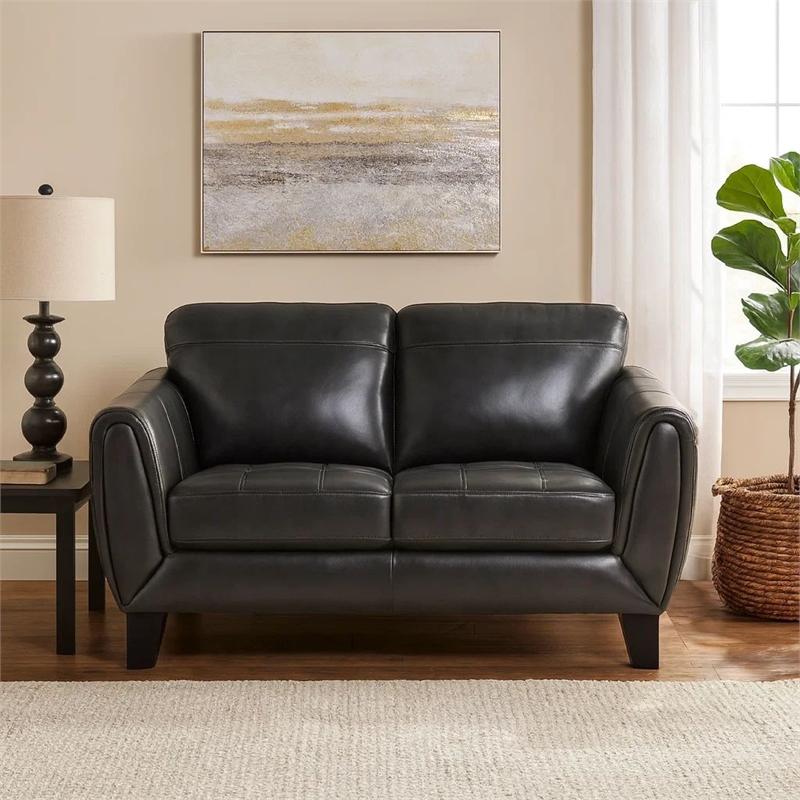 Sofy 61 Inch Loveseat- Dark Gray Top Grain and Faux Leather- Solid Wood