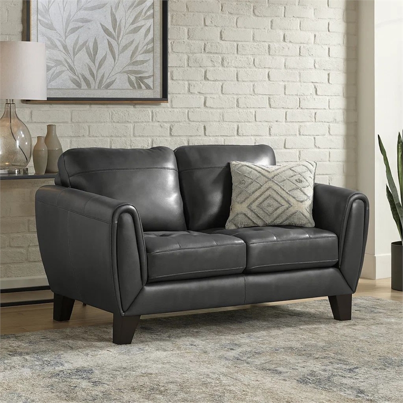 Sofy 61 Inch Loveseat- Dark Gray Top Grain and Faux Leather- Solid Wood