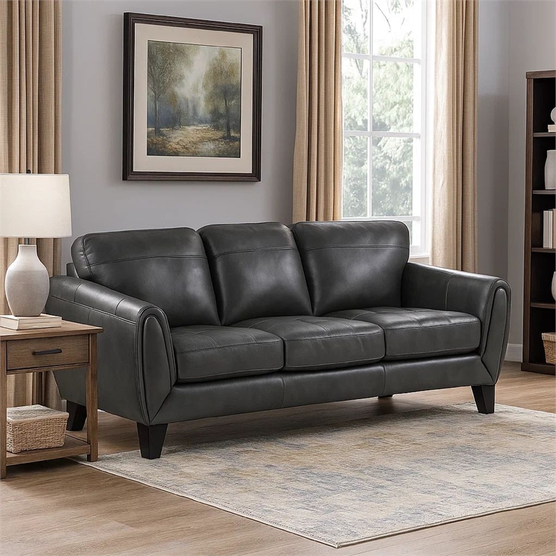 Sofy 83 Inch Sofa- Dark Gray Top Grain and Faux Leather- Solid Wood Feet