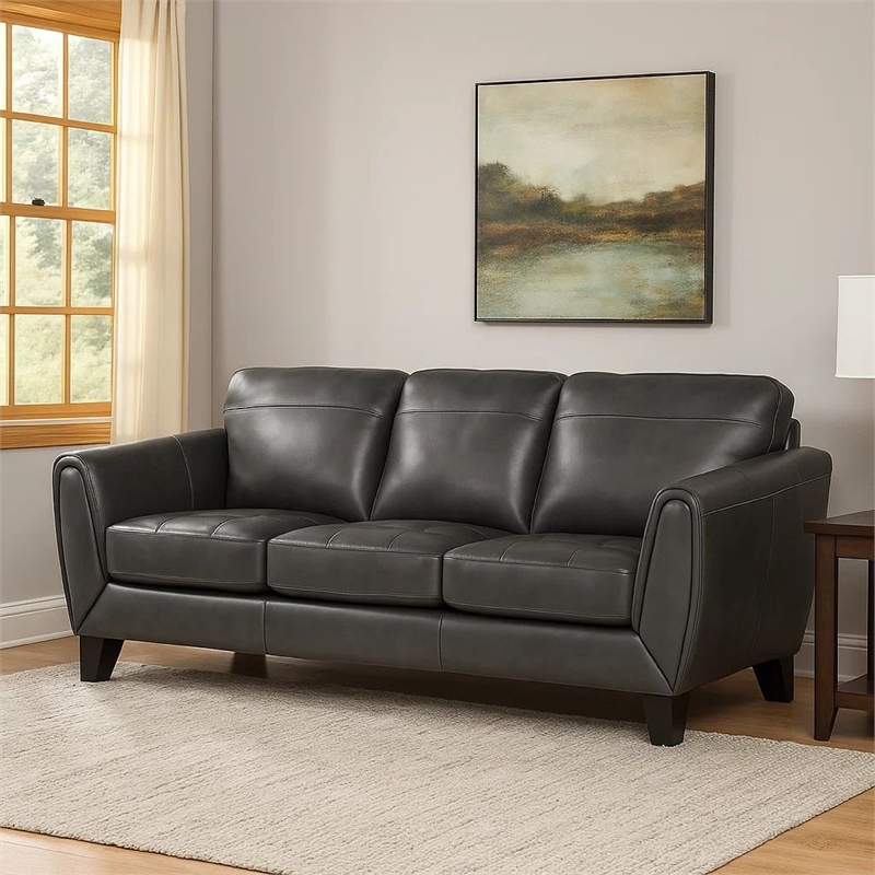 Sofy 83 Inch Sofa- Dark Gray Top Grain and Faux Leather- Solid Wood Feet