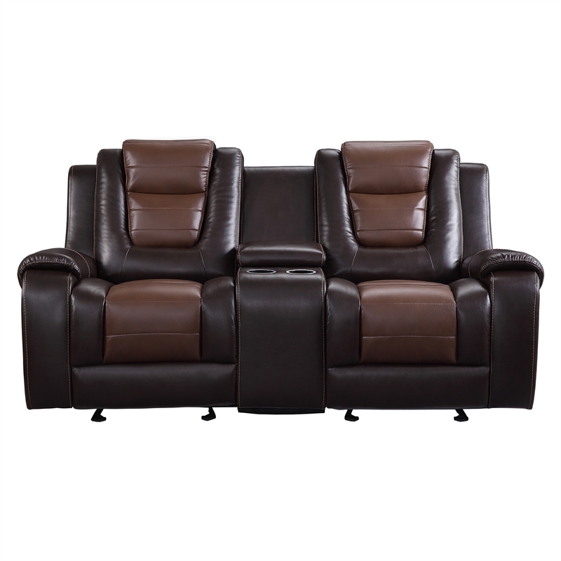 Istro 76 Inch Dual Manual Recliner Loveseat- Console- Brown Faux Leather