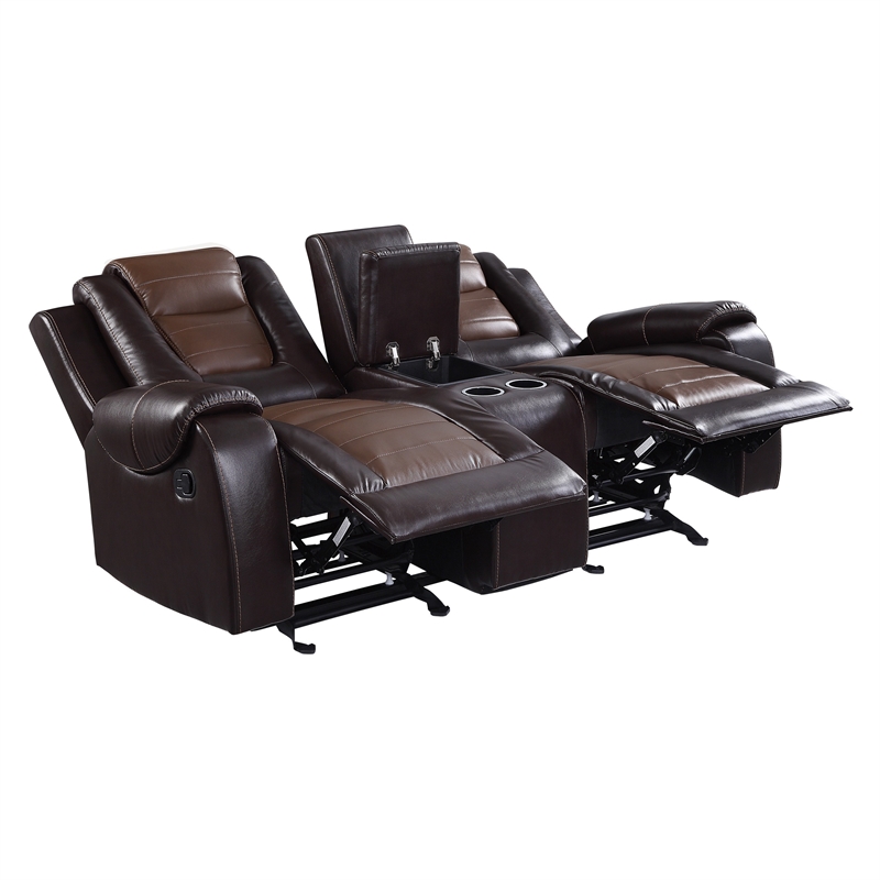 Istro 76 Inch Dual Manual Recliner Loveseat- Console- Brown Faux Leather