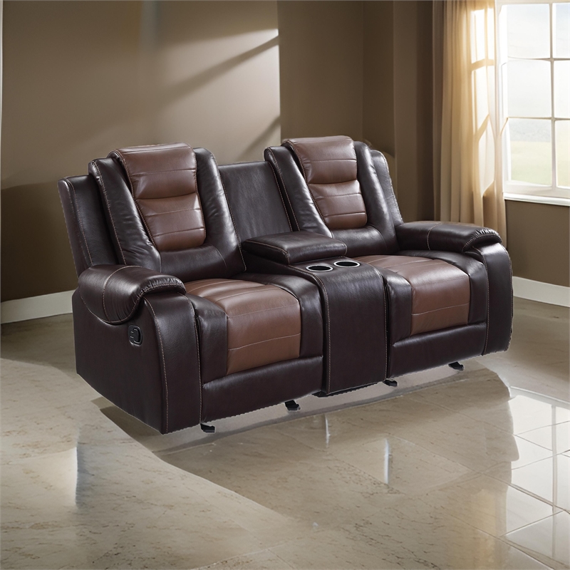 Istro 76 Inch Dual Manual Recliner Loveseat- Console- Brown Faux Leather