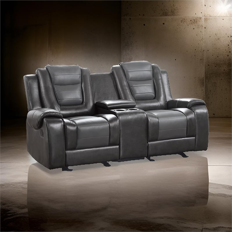 Istro 76 Inch Manual Recliner Loveseat- Cupholder Console Gray Faux Leather
