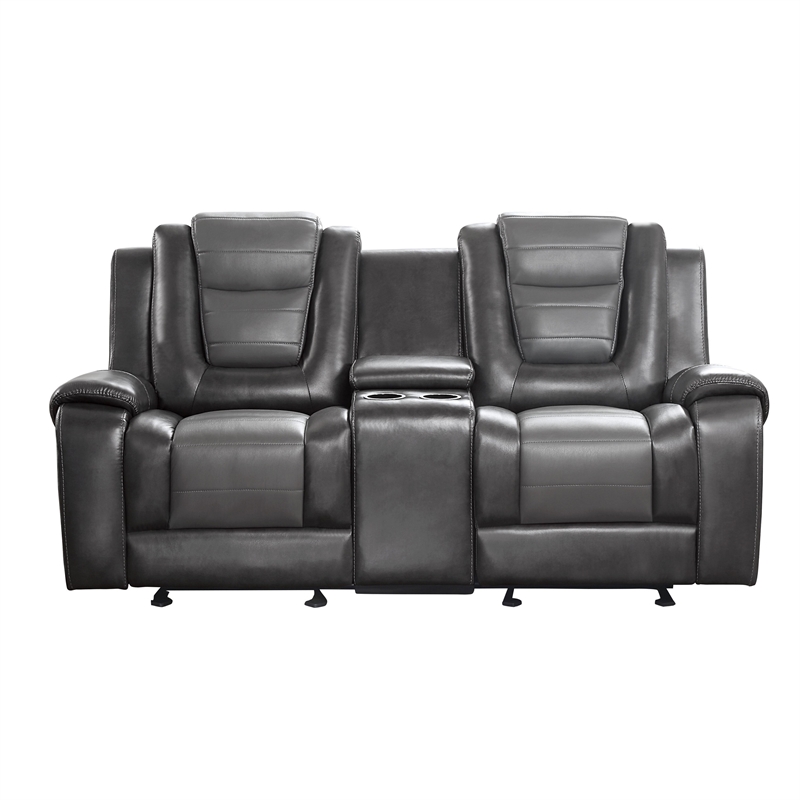 Istro 76 Inch Manual Recliner Loveseat- Cupholder Console Gray Faux Leather