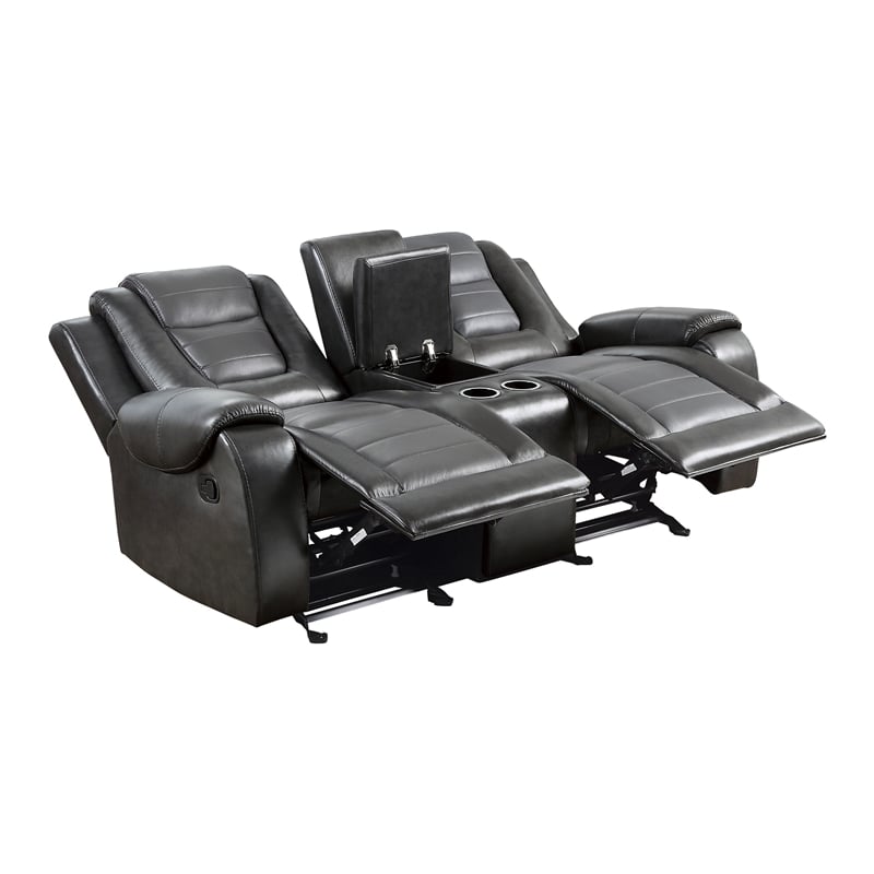 Istro 76 Inch Manual Recliner Loveseat- Cupholder Console Gray Faux Leather