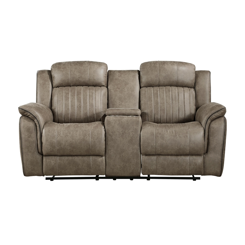 Bento 74 Inch Manual Recliner Loveseat- Console- Sandy Brown Microfiber