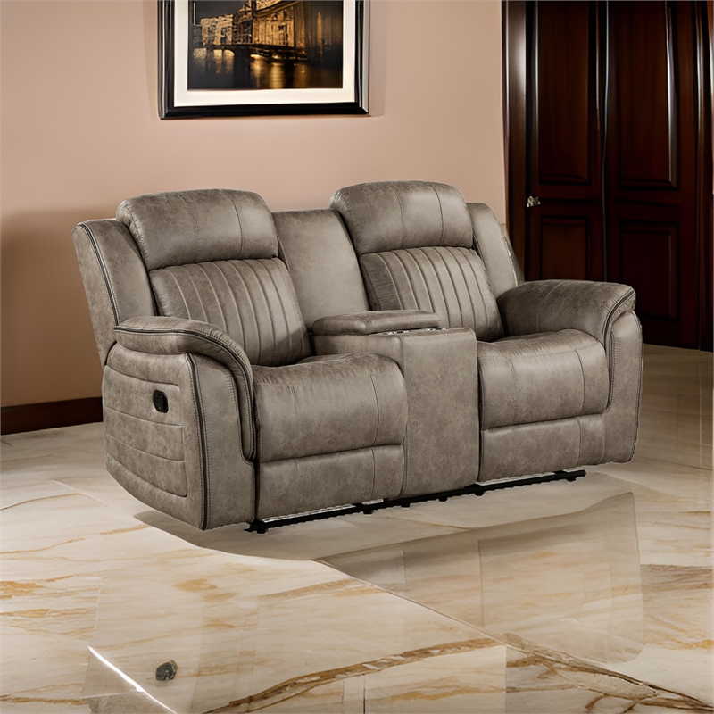 Bento 74 Inch Manual Recliner Loveseat- Console- Sandy Brown Microfiber