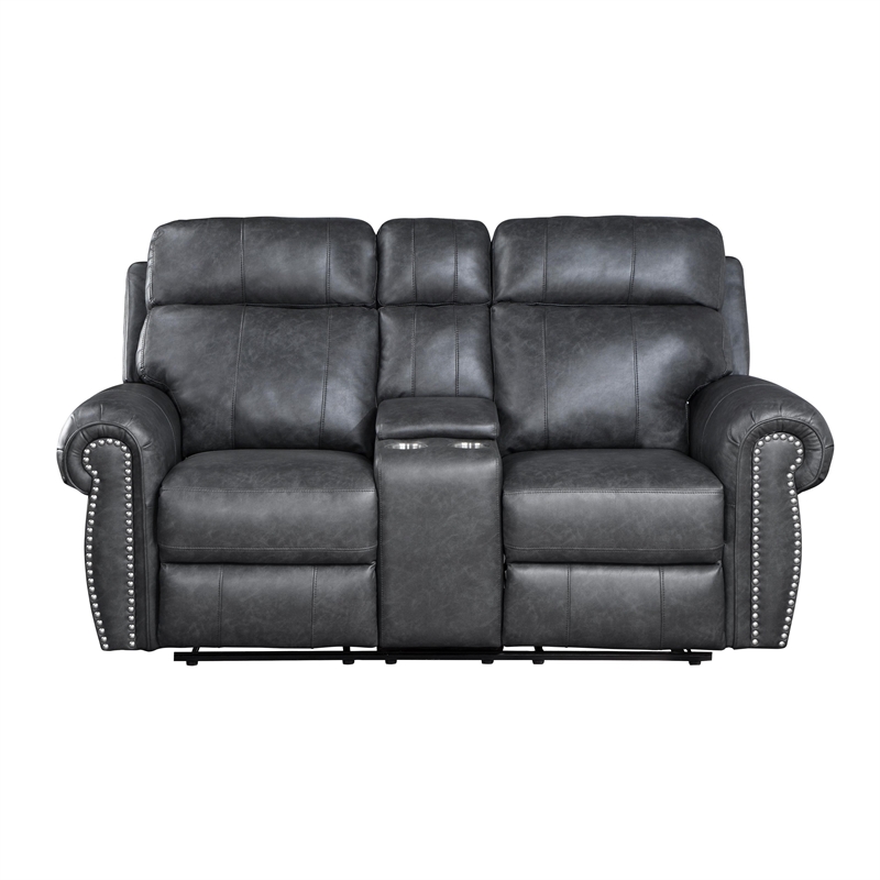 Ville 75 Inch Manual Recliner Loveseat- Storage Console- Gray Faux Leather