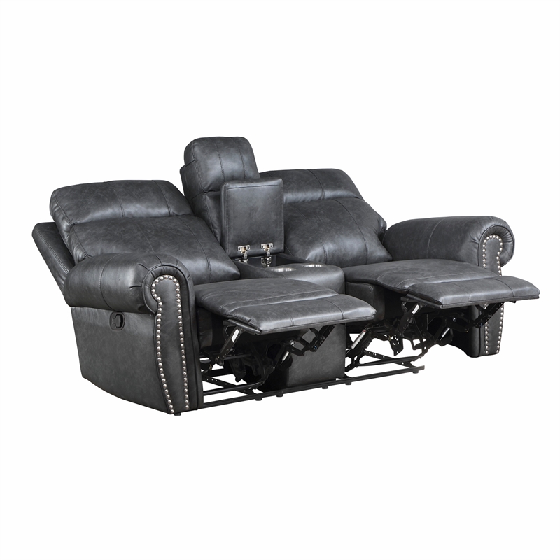 Ville 75 Inch Manual Recliner Loveseat- Storage Console- Gray Faux Leather