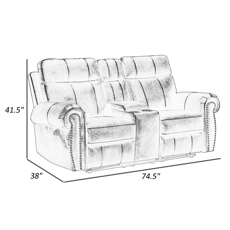 Ville 75 Inch Manual Recliner Loveseat- Storage Console- Gray Faux Leather