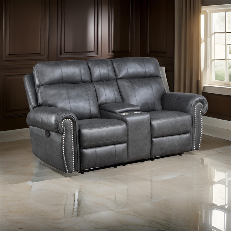 Ville 75 Inch Manual Recliner Loveseat- Storage Console- Gray Faux Leather