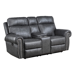 Ville 75 Inch Manual Recliner Loveseat- Storage Console- Gray Faux Leather