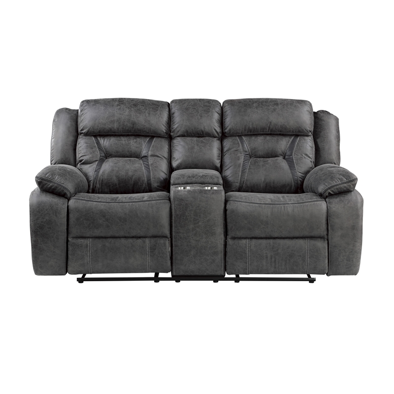 Mady 75 Inch Manual Recliner Loveseat- Center Console- Gray Microfiber