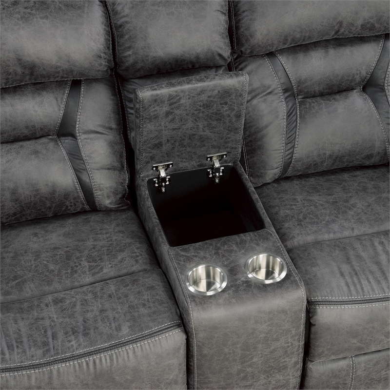 Mady 75 Inch Manual Recliner Loveseat- Center Console- Gray Microfiber