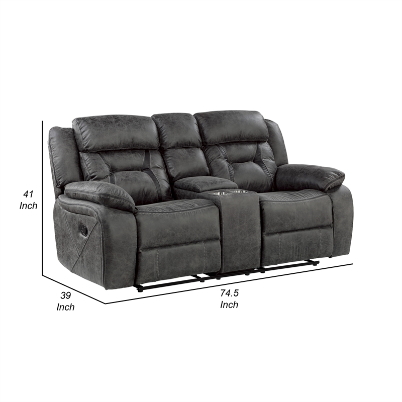 Mady 75 Inch Manual Recliner Loveseat- Center Console- Gray Microfiber