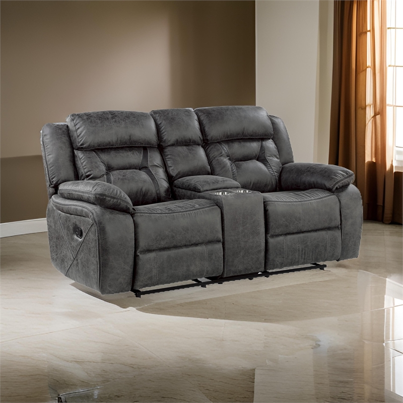 Mady 75 Inch Manual Recliner Loveseat- Center Console- Gray Microfiber