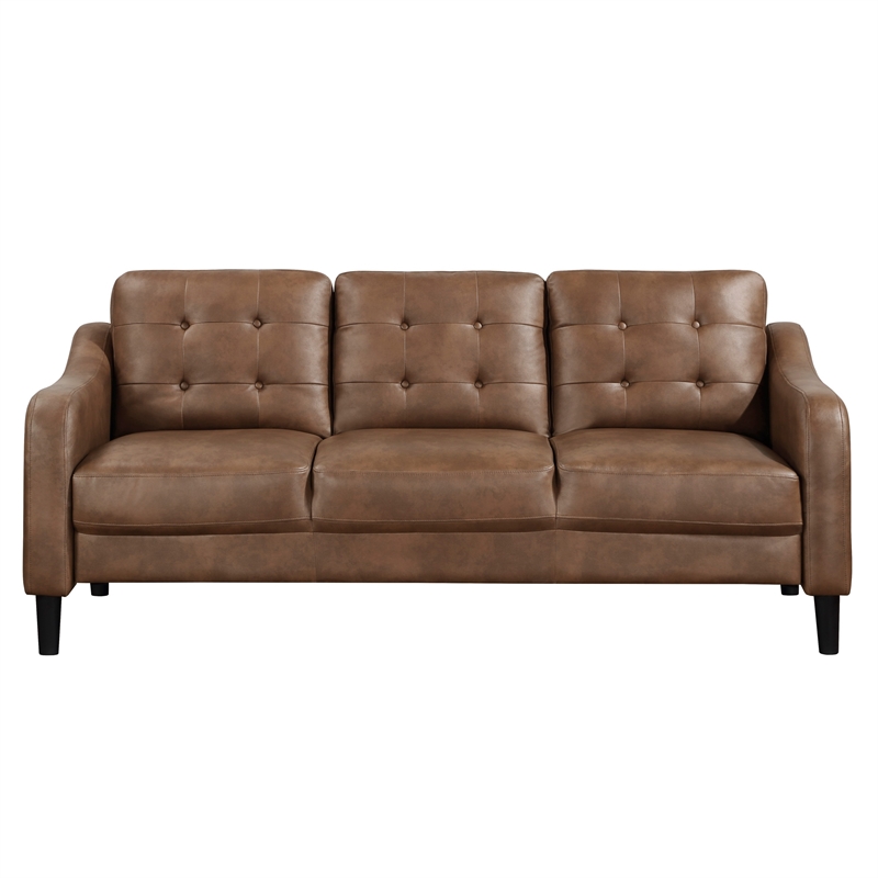 Orry 77 Inch Sofa- Button Tufted Back- Brown Microfiber- Black Solid Wood