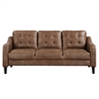 Orry 77 Inch Sofa- Button Tufted Back- Brown Microfiber- Black Solid Wood