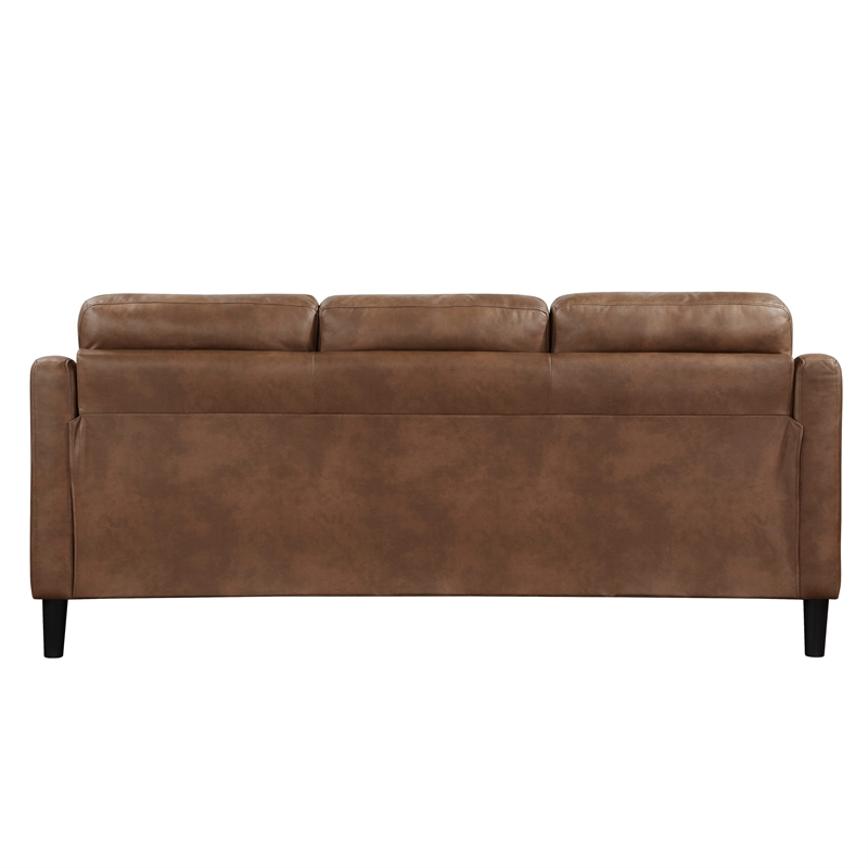 Orry 77 Inch Sofa- Button Tufted Back- Brown Microfiber- Black Solid Wood