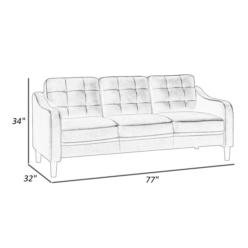 Orry 77 Inch Sofa- Button Tufted Back- Brown Microfiber- Black Solid Wood