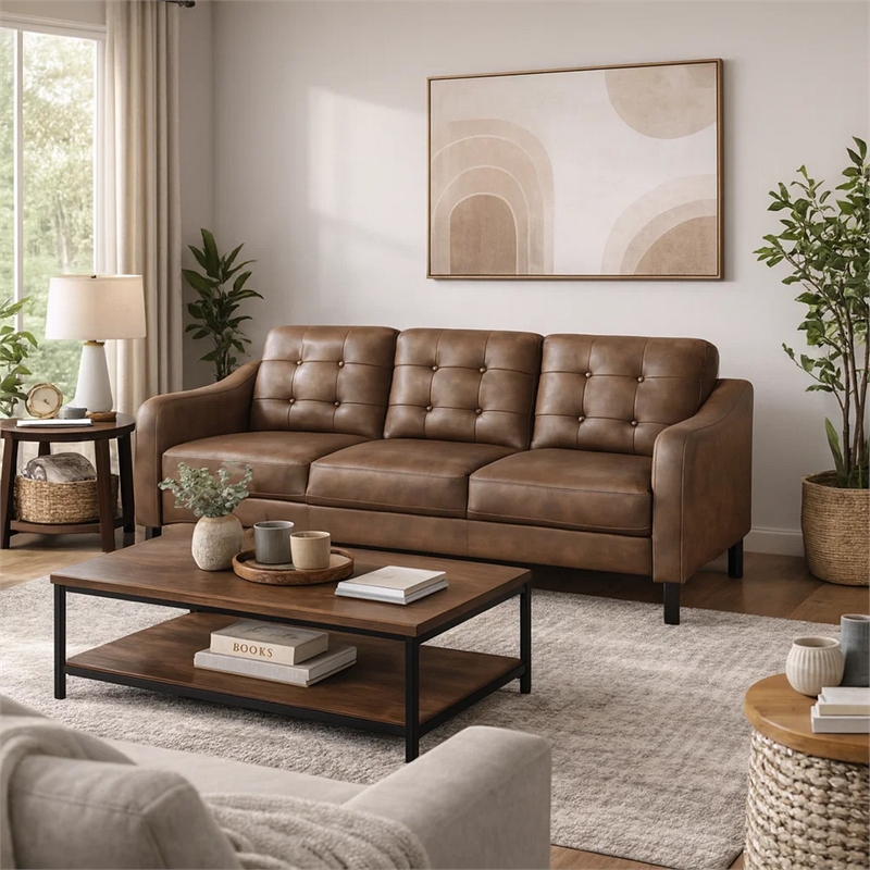 Orry 77 Inch Sofa- Button Tufted Back- Brown Microfiber- Black Solid Wood