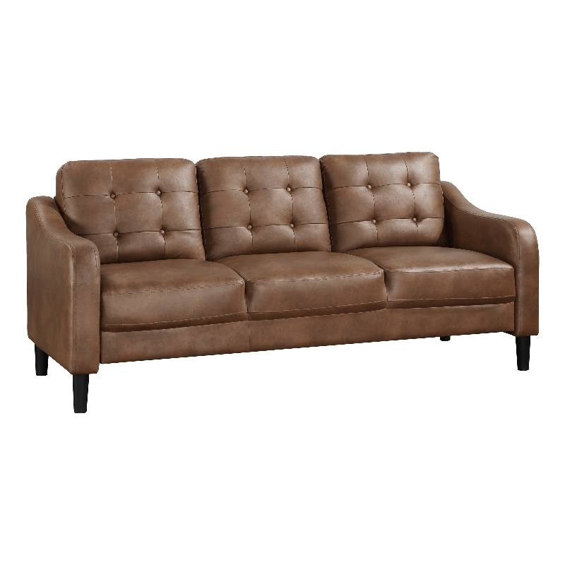 Orry 77 Inch Sofa- Button Tufted Back- Brown Microfiber- Black Solid Wood