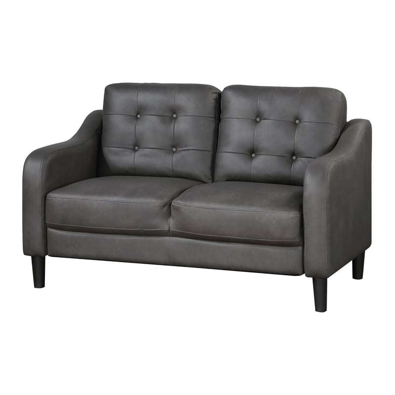 Orry 55 Inch Loveseat- Button Tufted Back- Gray Microfiber Black Solid Wood