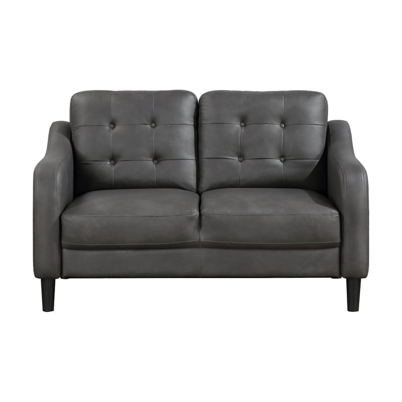 Orry 55 Inch Loveseat- Button Tufted Back- Gray Microfiber Black Solid Wood