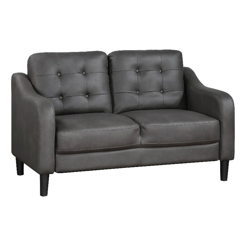 Orry 55 Inch Loveseat- Button Tufted Back- Gray Microfiber Black Solid Wood