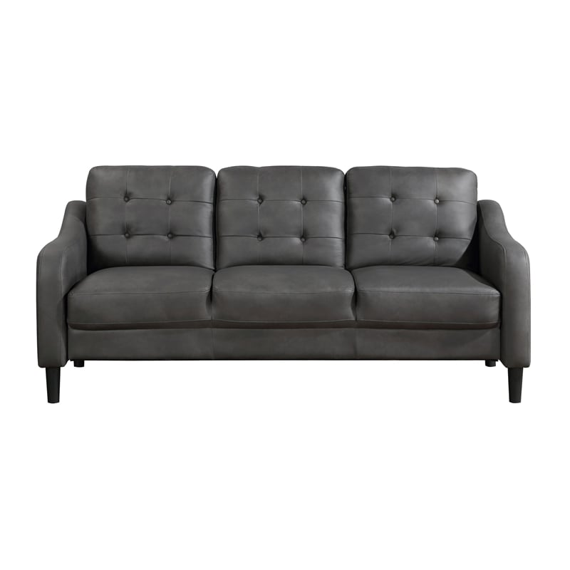 Orry 77 Inch Sofa- Button Tufted Back- Gray Microfiber- Black Solid Wood