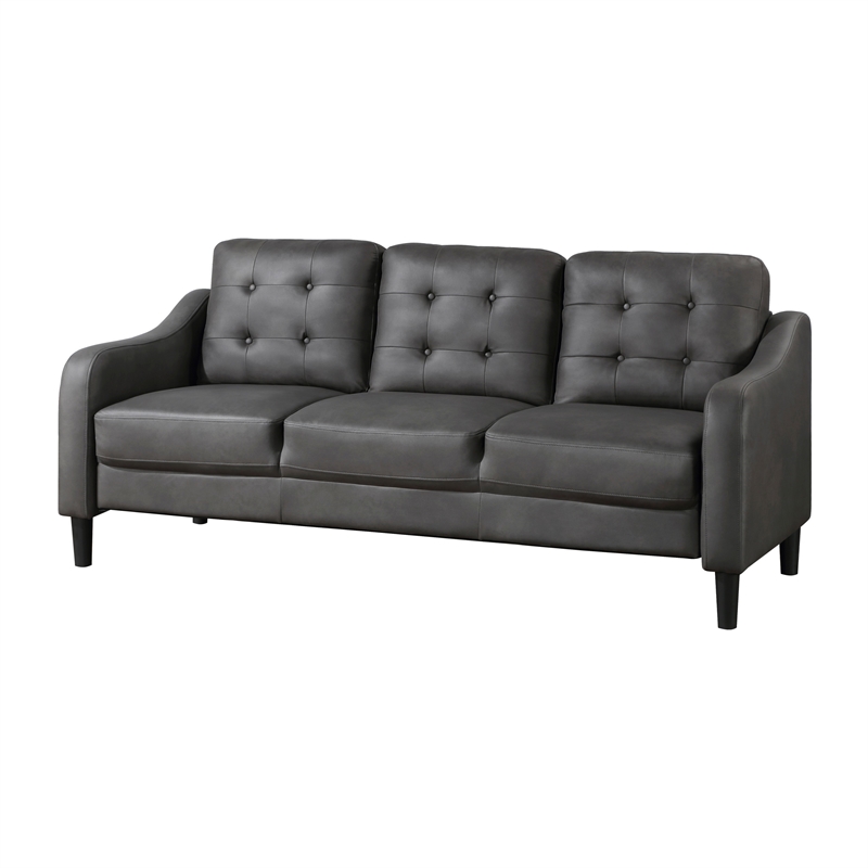 Orry 77 Inch Sofa- Button Tufted Back- Gray Microfiber- Black Solid Wood