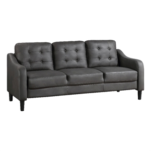 Orry 77 Inch Sofa- Button Tufted Back- Gray Microfiber- Black Solid Wood