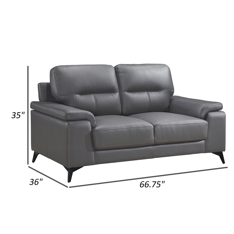 Mica 67 Inch Loveseat- Dark Gray Top Grain and Faux Leather- Metal Legs