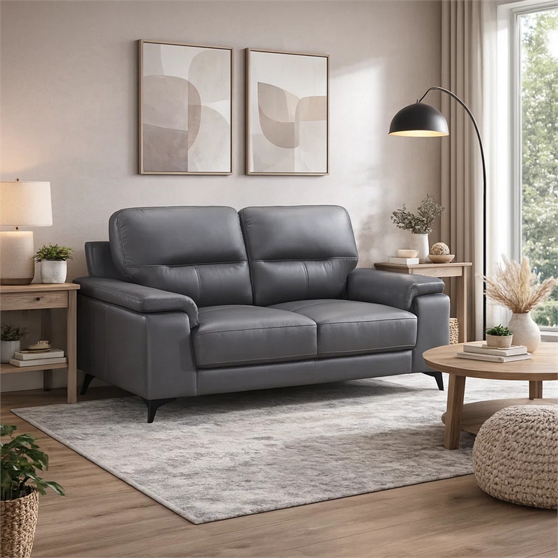 Mica 67 Inch Loveseat- Dark Gray Top Grain and Faux Leather- Metal Legs