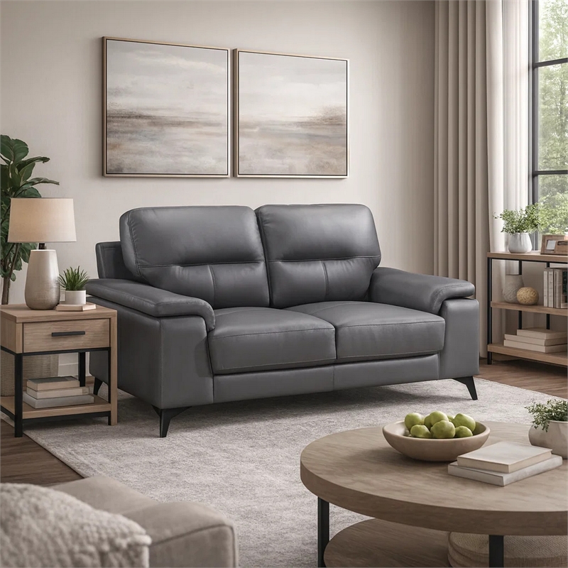 Mica 67 Inch Loveseat- Dark Gray Top Grain and Faux Leather- Metal Legs