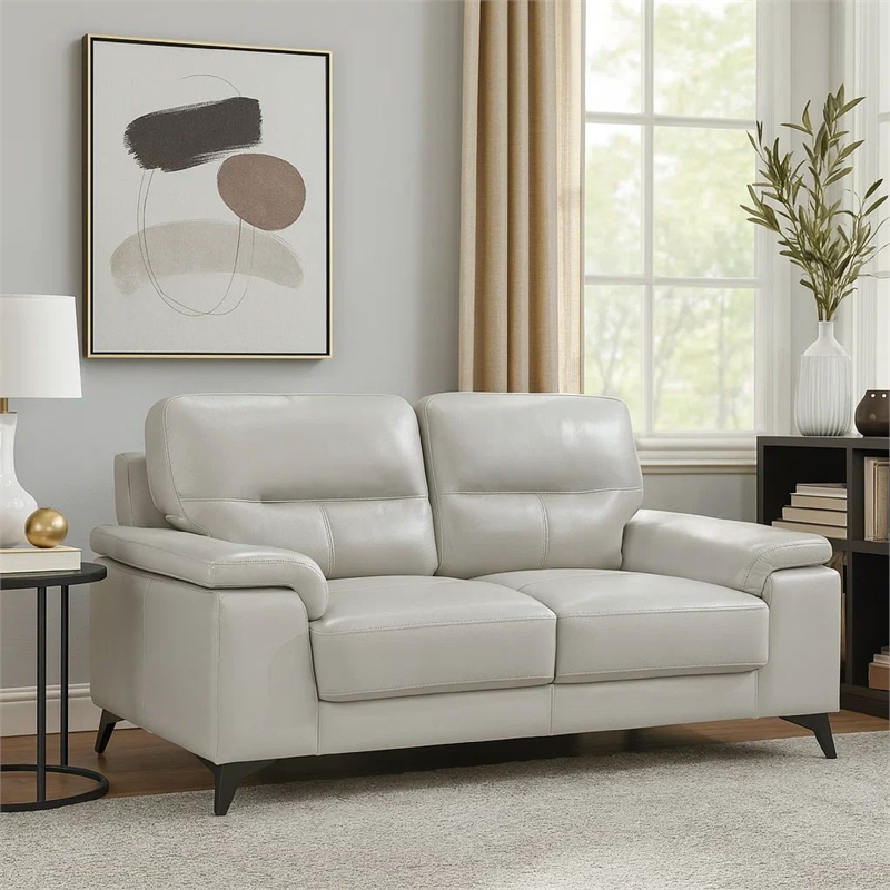 Mica 67 Inch Loveseat- Light Gray Top Grain and Faux Leather- Metal Legs