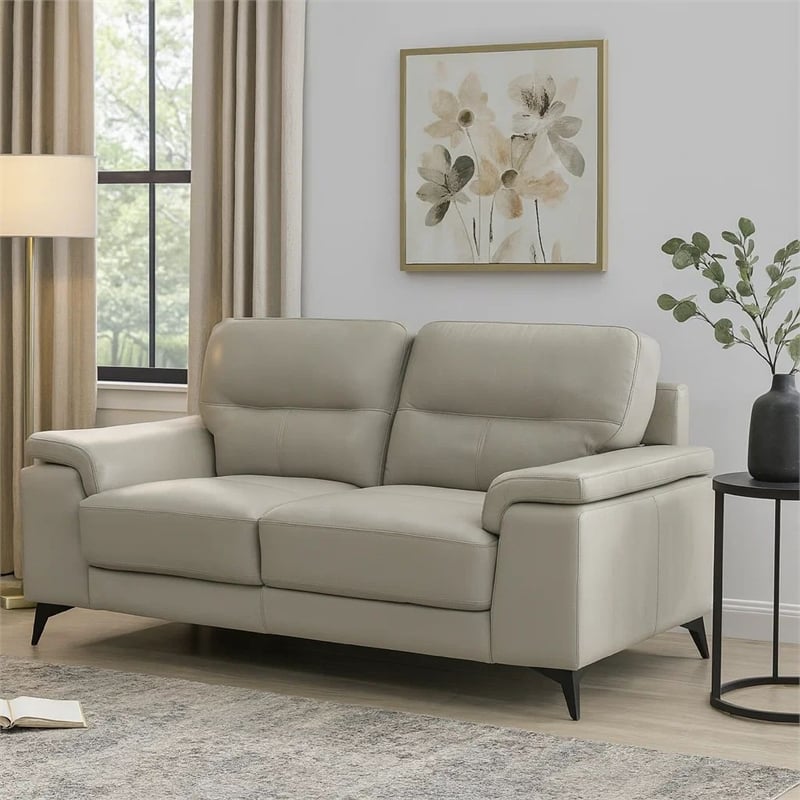 Mica 67 Inch Loveseat- Light Gray Top Grain and Faux Leather- Metal Legs