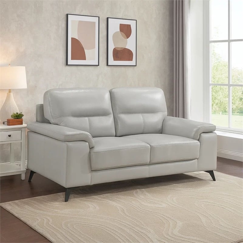 Mica 67 Inch Loveseat- Light Gray Top Grain and Faux Leather- Metal Legs