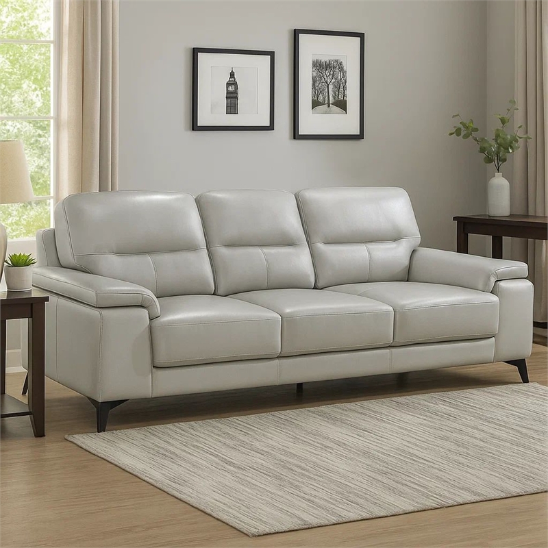 Mica 89 Inch Sofa- Light Gray Top Grain and Faux Leather- Black Metal Legs