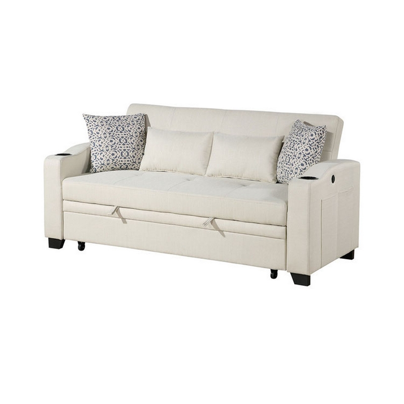 Tene 71 Inch Convertible Sleeper Loveseat- USB- 4 Accent Pillows- Black